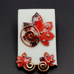 Vintage Matisse Leaf Brooch and Clip On Earrings Copper Enamel Vintage 1950s Set