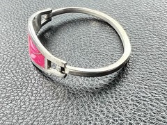 Vintage Silver Cuff Bracelet Alpaca Mexico Pink Floral Hinged Inlay