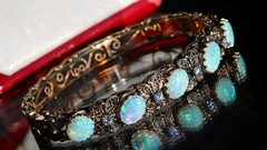 14k y/gold bracelet 5.50ct natural opal diamond 7.0″ bangle antique 25.90g N3216