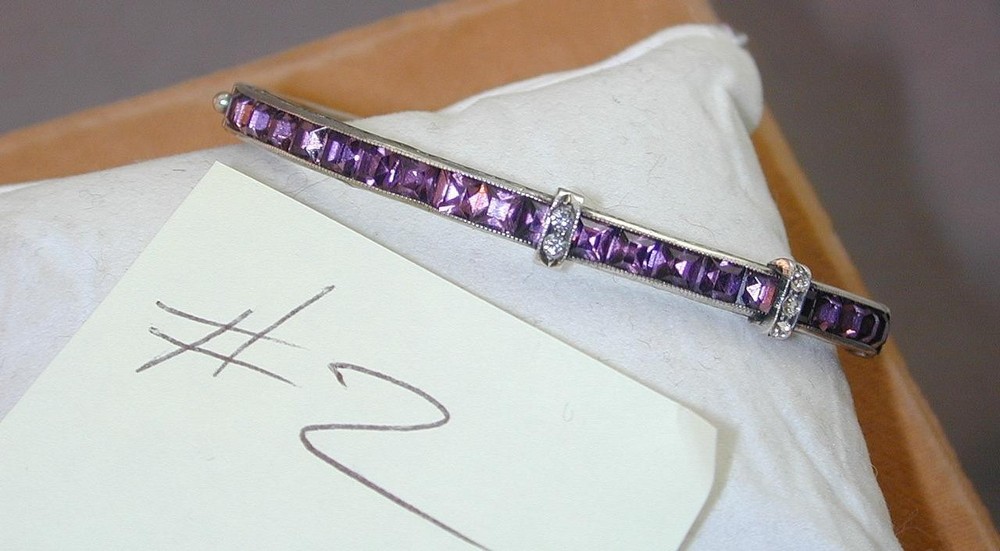 Sterling Art Deco Channel Set Purple Paste Rhinestone Bangle Bracelet #2 Hinged