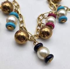 Vintage Gold Tone Faux Pearl Colorful Disc Fringe Necklace Earrings Set 36 In