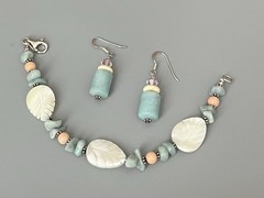 VTG SX 925 Sterling-Carved MOP-Pale Blue-Peach Stone Bracelet Wire Earring Set