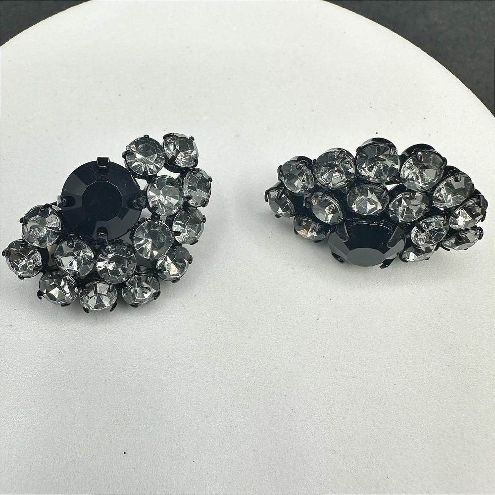 Vintage Black Rhinestone Cluster Earrings Glam Retro Statement