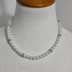 Icing White Faux Pearl Necklace Silver-Tone Rhinestone Rondelles Spacers