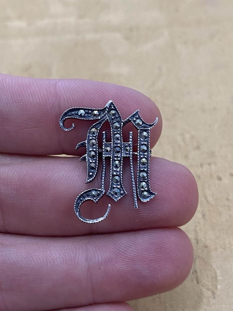 Vintage Sterling Silver 925 Tested Estate Acquired Marcasite Letter Brooch Pin