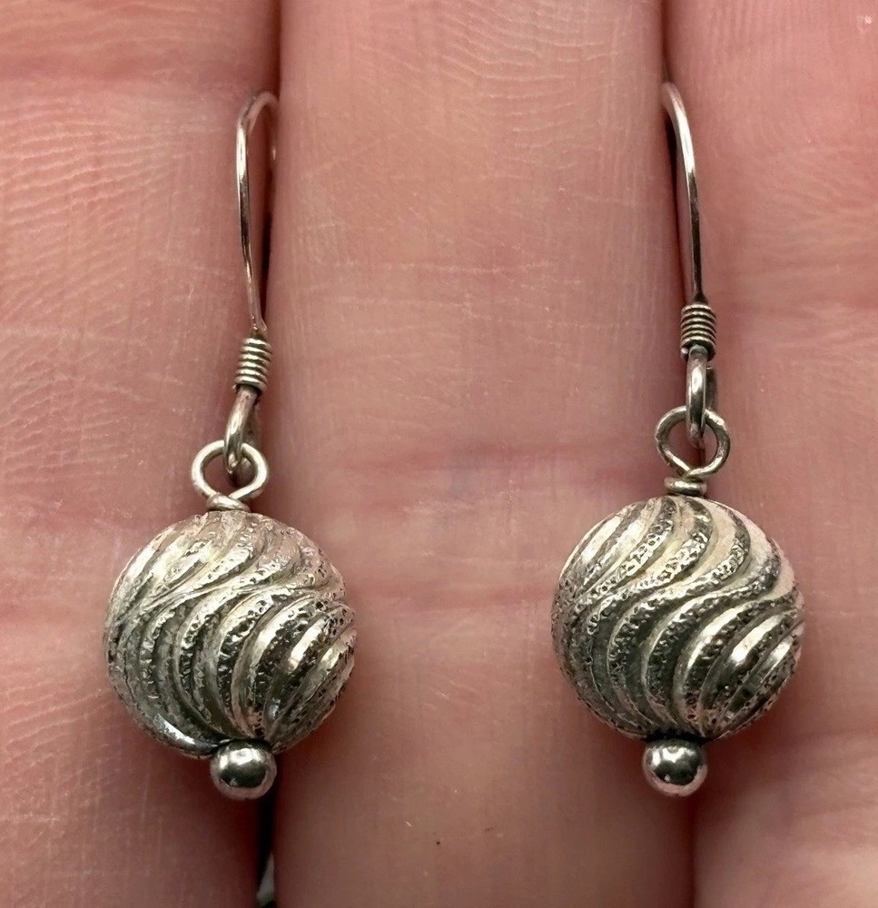 Vintage Sterling Silver Textured 9MM Ball Dangle Earrings Bali Style