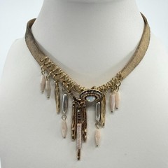 Statement Suede Choker Necklace Boho Layering Gold Tone Cabochon Festival Gift