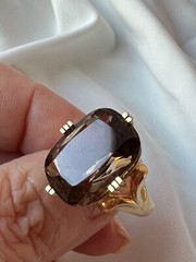 14K YELLOW GOLD LARGE SMOKY QUARTZ RING BEAUTIFUL RICH CHOCOLATE BROWN COLOR