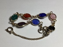 Vintage Scarab Bracelet Carved Glass Stones Gold Tone Size 7” W/safety Chain