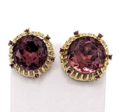 Vintage Pink Amethyst Glass Rhinestone Halo Clip On Earrings Large 21mm