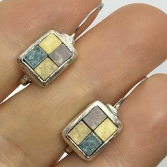 Vtg Boho Mosaic Tile Silvertone Leverback Drop Earrings