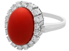 7.36 Ct Red Coral 0.80 Ct Diamond 18k White Gold Cocktail Ring Circa 1970
