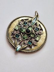 Art Nouveau Art Deco Style Pendant Green & Gold Tone Cross