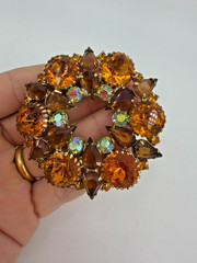 Vintage Brooch Orange Rhinestone Brown Large Statement Wreath Circle