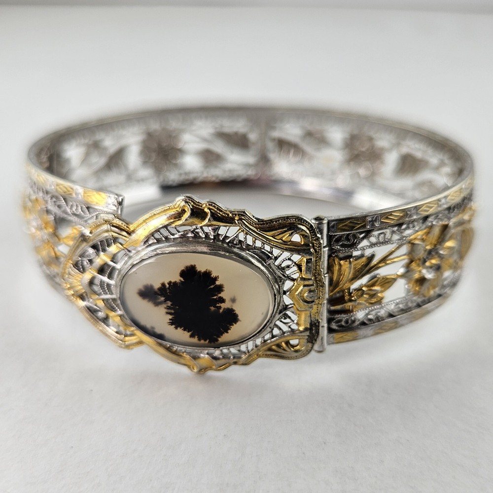 Art Deco Bangle Filigree Design with Mose Agate 1933 J.J. White Mfg. [7911]