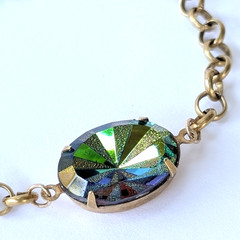 ​Vtg Czech Vitrail Rhinestone Adjustable Length Bracelet Antique Brass Chain