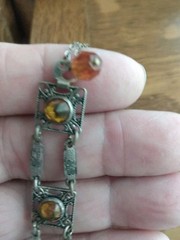 Antique Art Deco Silver Wash Czech Gold Glass 7-8 Inch Link Bracelet Draw String