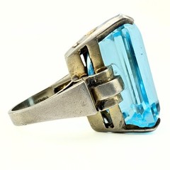 Vintage Retro Marked Rectangular Cut Blue Glass Sterling Silver Ring Sz 5.75