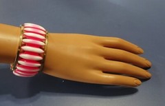 Vintage Hinged Pink & White Stripe Peppermint Lucite & Metal Clamper BRACELET