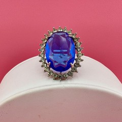Vintage Crystal Brooch Pendant LG Blue Oval Faceted Stone Open Back Prong Set