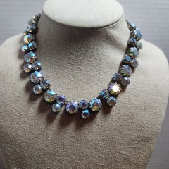 Vintage Aurora Borealis Rhinestone Choker Necklace Silver Tone J-Hook 15.5 Inch