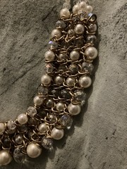 Faux Pearl Jewelry Set 4 Row Cowl Necklace Wide Cuff Bracelet Heavy Glass Beads