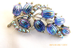 RARE VTG CORO BLUE RIBBED AB GLASS RHINESTONE NECKLACE BROOCH EARRINGS SET