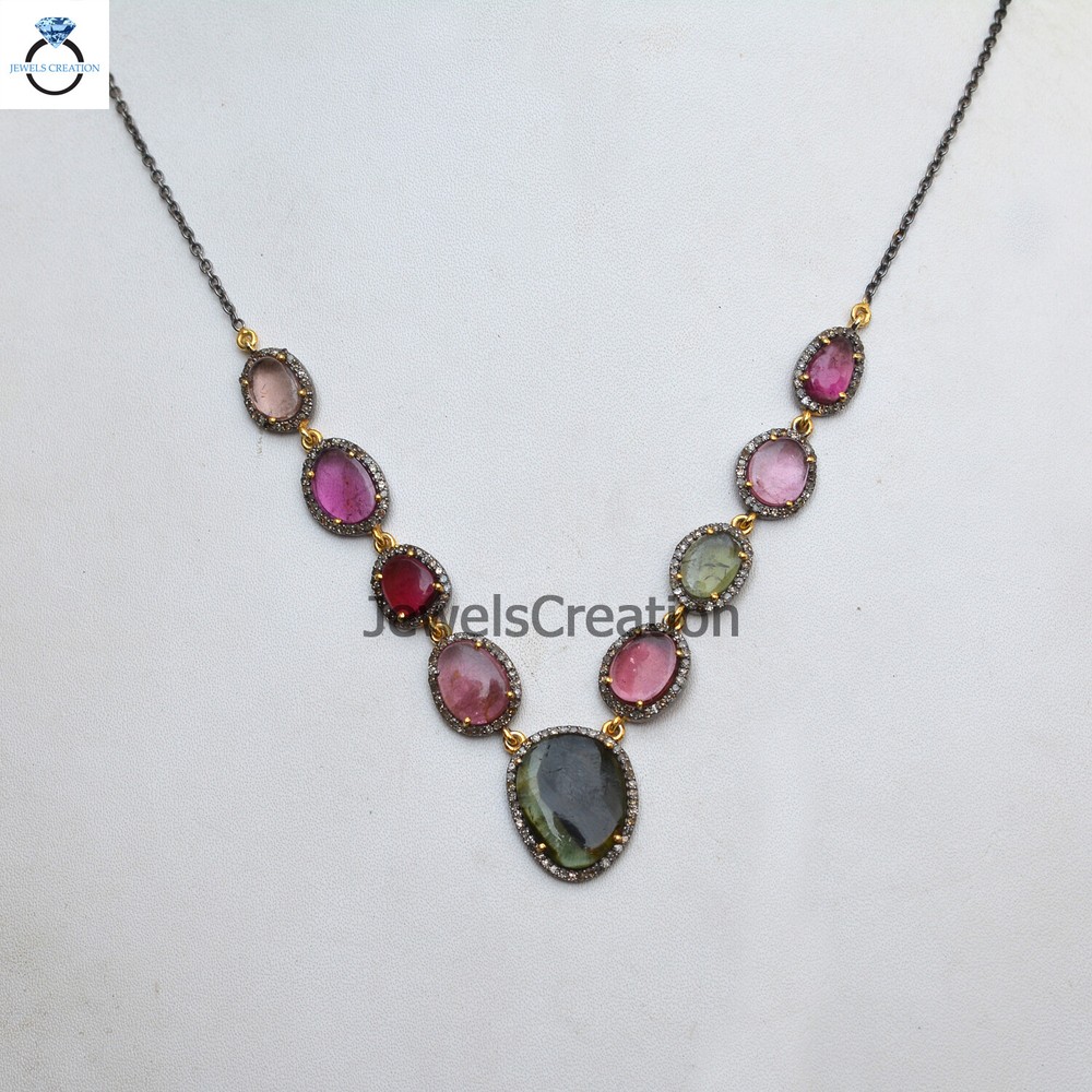 Multi Tourmaline Diamond Necklace 925 Silver Gemstone Jewelry Women Jewelry Gift