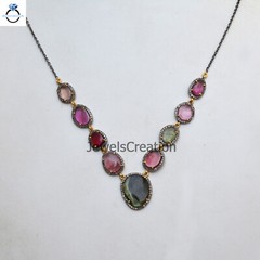 Multi Tourmaline Diamond Necklace 925 Silver Gemstone Jewelry Women Jewelry Gift