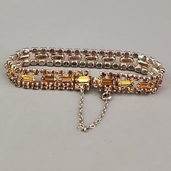 Vintage Rhinestone Bracelet Orange Glass Tennis Safety Chain Gold Tone 6.5″
