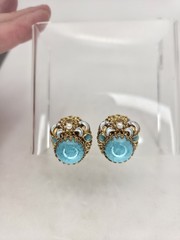 Vintage West Germany Blue Earrings Glass Cab Enamel Signed Clip Ons Rhinestone