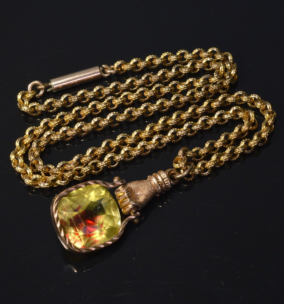 ANTIQUE GEORGIAN GF HAND BI-COLOR PASTE PENDANT CHAIN NECKLACE C.1820