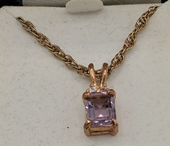 Vintage Genuine Amethyst Emerald Cut Charm On Gold Tone Necklace 18″