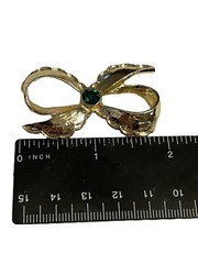 Gerry’s Bow Brooch Pin Green Rhinestone Gold Tone Tied Ribbon Vintage Dainty