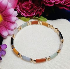 Vintage SOLID 14KT Gold Multi Color Jadeite Jade 11-Panel Link Bracelet~ 8-1/4″