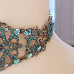 VCLM Aqua Crystal Turquoise Rhinestone Choker – High End Costume Piece Marked