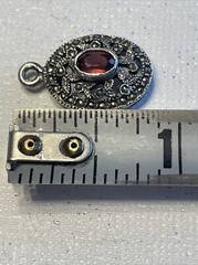 STERLING Silver Marked CW Almandine Garnet AND Marcasite Round Pendant C05