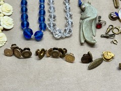 Nice Lot of Antique Jewelry – Glass Beads, Rhinestones, Hand Carved