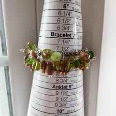 Bracelet upycled chain vtg beads green tan handmade size 7.5