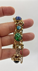 Vintage Bracelet Chunky Gold Tone Multi Color Cabochon Curb Link Safety Chain