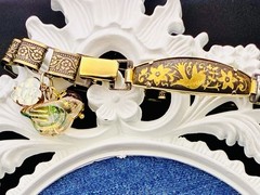 Vintage Damascene, Faux Opal Charms & Book Chain Links Bracelet Integrated w New