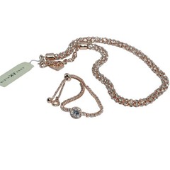 Anne Klein Rose Gold Tone Necklace & Bracelet Set Rhinestone Tag New
