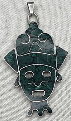Vintage HOB Mexico 925 Sterling Silver Malachite Pendant Aztec Mayan Face 3.25”
