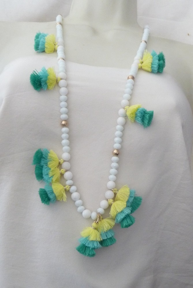 #17/20A NECKLACE 16″L WHITE GLASS BEADS w YELLOW BLUE GREEN THREAD TASSELS BY V