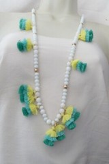 #17/20A NECKLACE 16″L WHITE GLASS BEADS w YELLOW BLUE GREEN THREAD TASSELS BY V