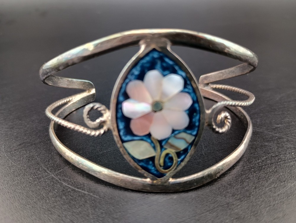 Vintage Alpaca Mexico Silver Abalone Pink Flower Shell Cuff Bracelet