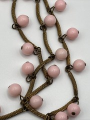Vintage Multi 3 Strand Pink Beaded Necklace Antique Gold Tone Etched Bar Link