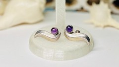Vintage Mexico Sterling Modernist Amethyst Cabochon Screw Back Earrings
