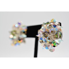 Vintage Crystal Clip On Earrings Watermelon Aurora Borealis Chunky 1960s BinAG