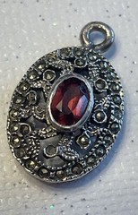 STERLING Silver Marked CW Almandine Garnet AND Marcasite Round Pendant C05